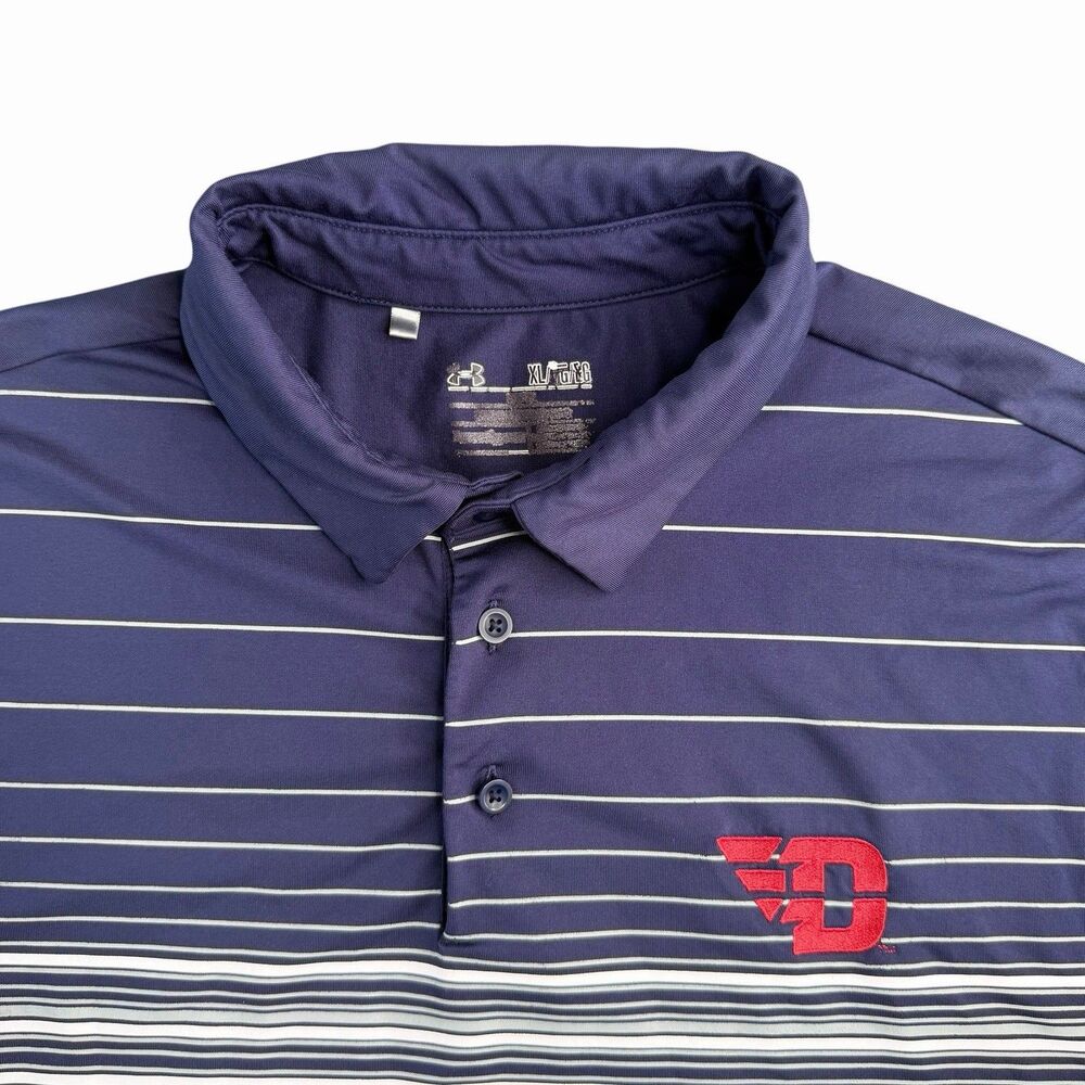 Under Armour Dayton Flyers Blue Striped Polo Men’s XL Logo Stretch Performance